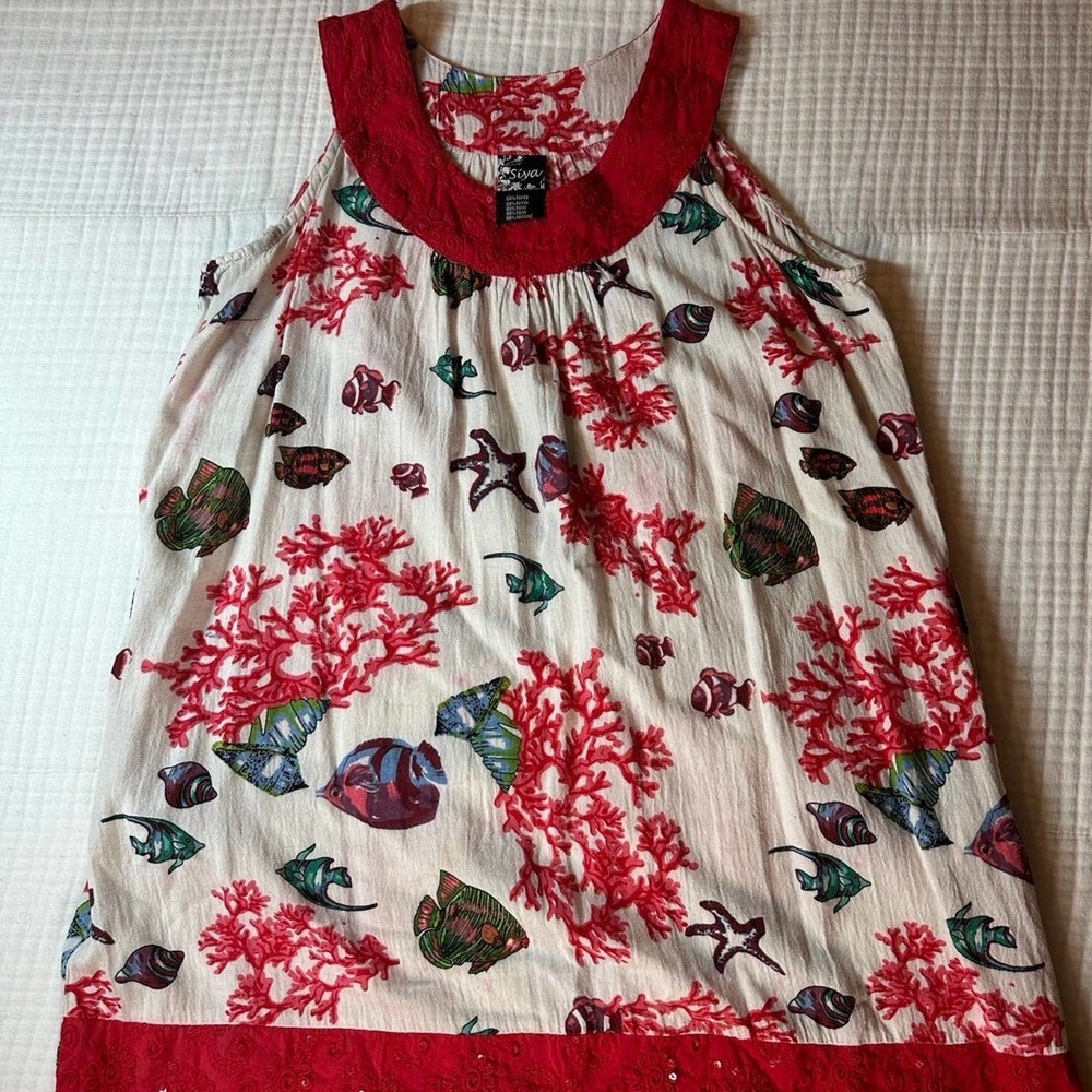 Coral print beach coverup with sparkle trim